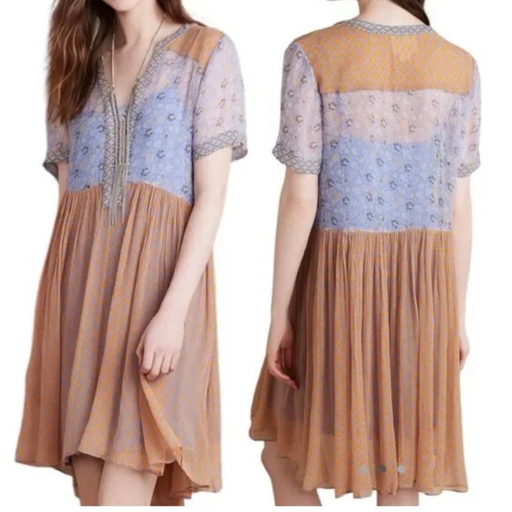 MAEVE Anthropologie Morning Glory Silk  Sheer Tunic Dress